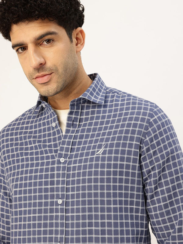 Men's Long Sleeve Windowpane Shirt - Navy