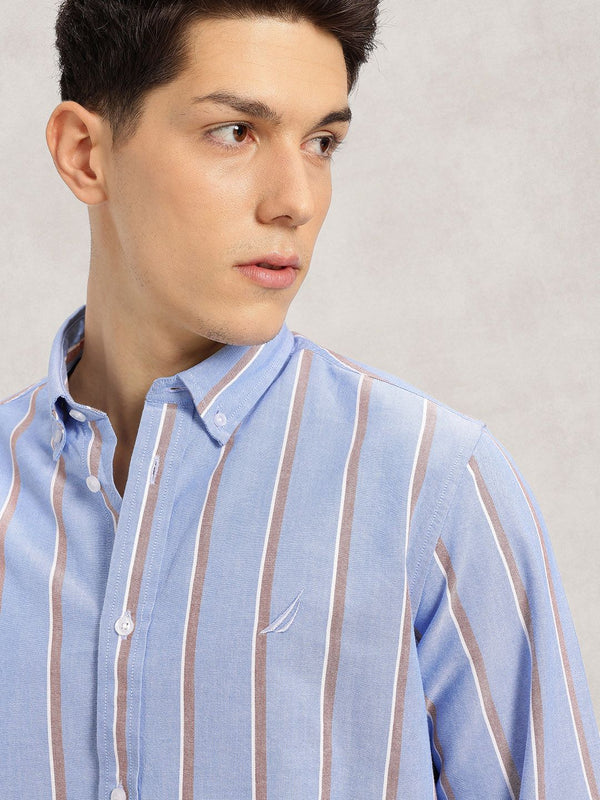 Men's Roll-Up Sleeve Striped Shirt - Light Blue