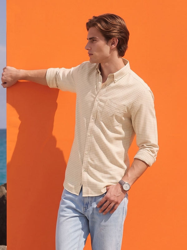 Men's Long Sleeve Windowpane Shirt - Beige