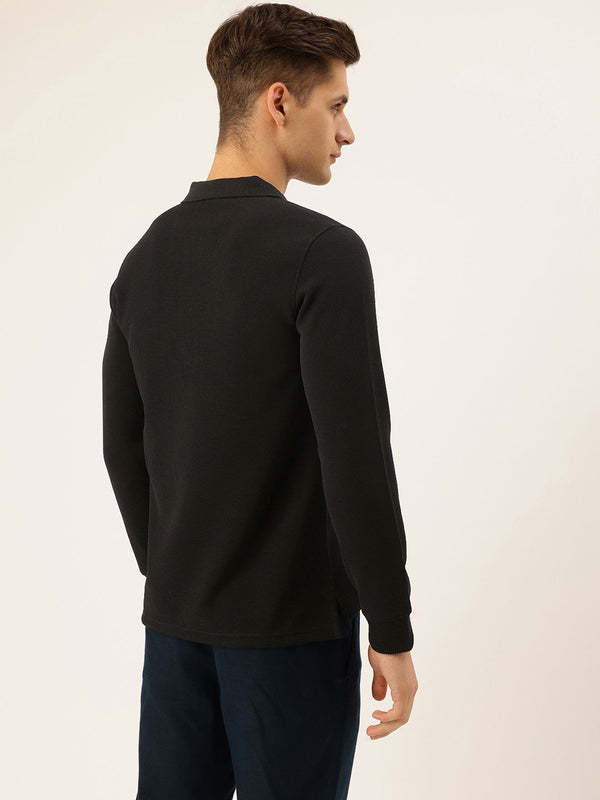 Nautica Men Polo Jet Black Regular Fit Long Sleeve Solid Polo T-Shirt