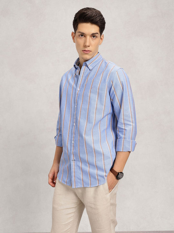 Men's Roll-Up Sleeve Striped Shirt - Light Blue