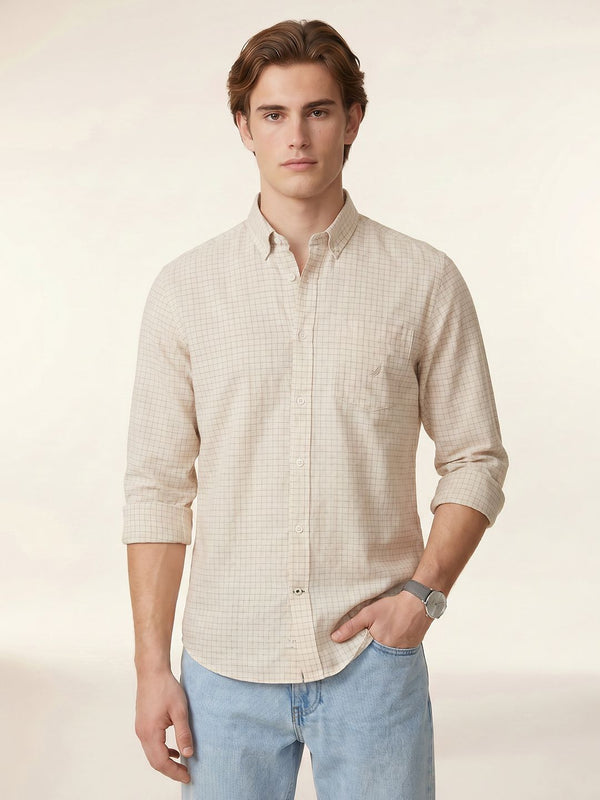 Men's Long Sleeve Windowpane Shirt - Beige