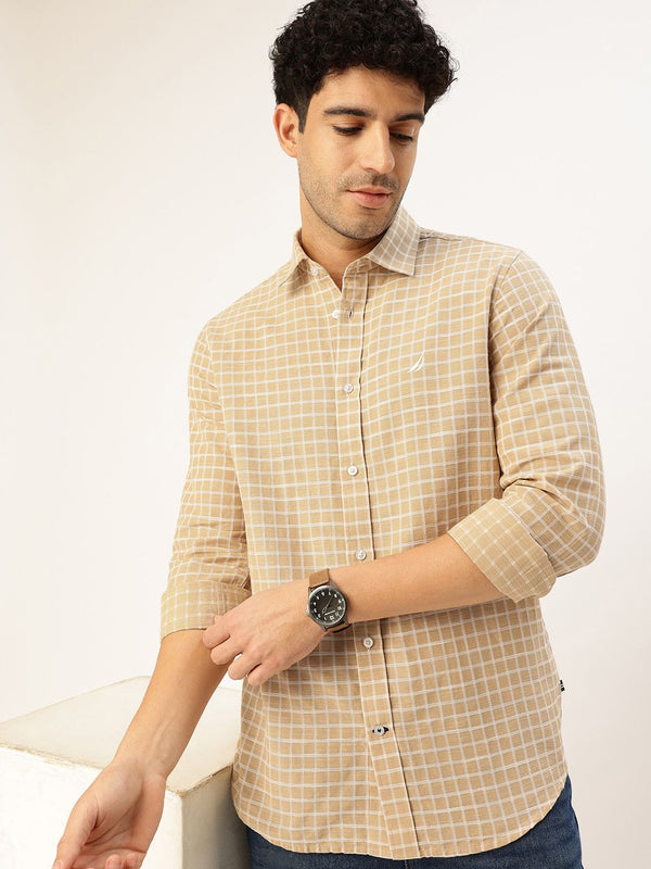 Men's Long Sleeve Geometric Shirt - Beige