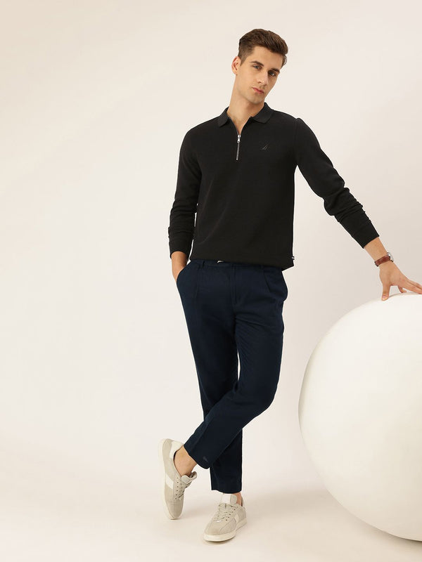 Nautica Men Polo Jet Black Regular Fit Long Sleeve Solid Polo T-Shirt