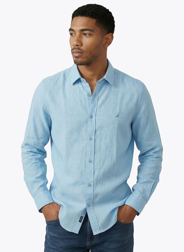 Men's Solid Linen Shirt - Light Blue