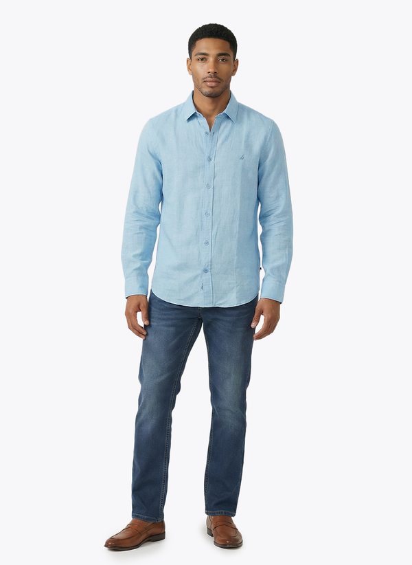 Men's Solid Linen Shirt - Light Blue