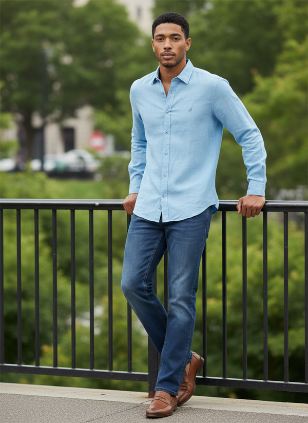 Men's Solid Linen Shirt - Light Blue