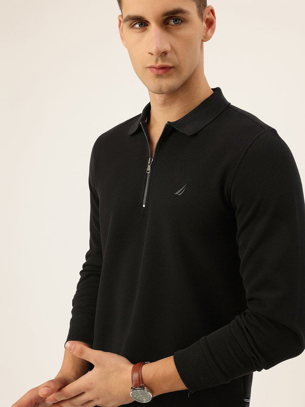 Nautica Men Polo Jet Black Regular Fit Long Sleeve Solid Polo T-Shirt