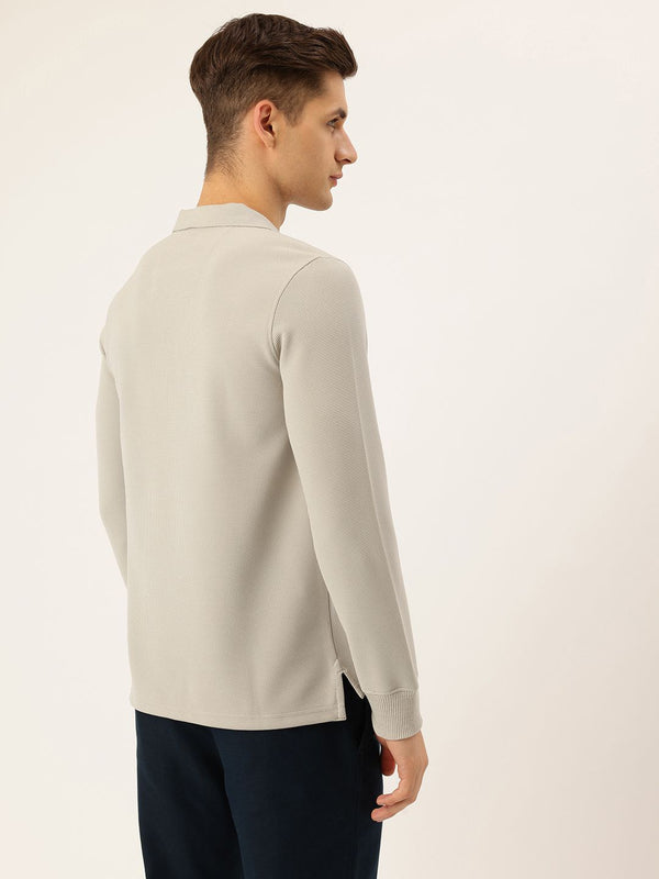 Nautica Men New Basics Light Grey Regular Fit Long Sleeve Polo Collar Self Design T-Shirt