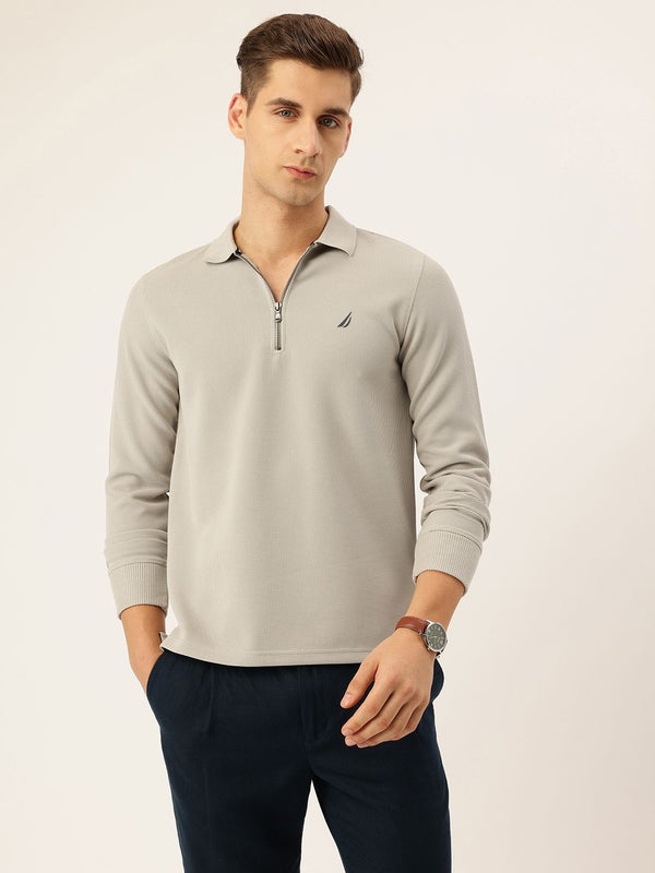 Nautica Men New Basics Light Grey Regular Fit Long Sleeve Polo Collar Self Design T-Shirt