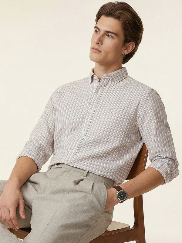 Men's Long Sleeve Striped Shirt - Beige