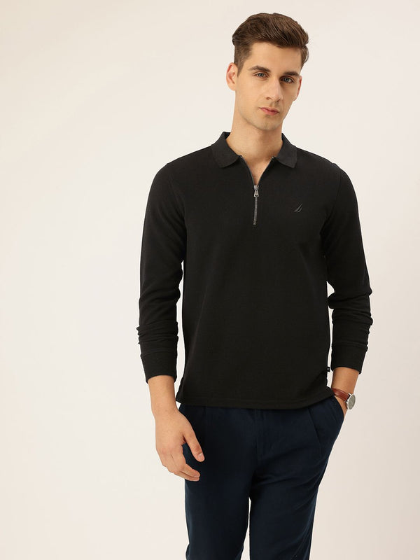 Nautica Men Polo Jet Black Regular Fit Long Sleeve Solid Polo T-Shirt