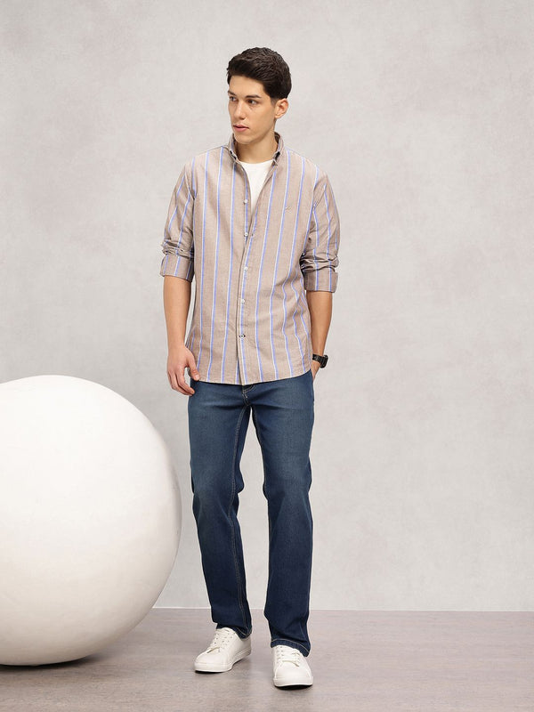 Men's Long Sleeve Striped Shirt - Khaki