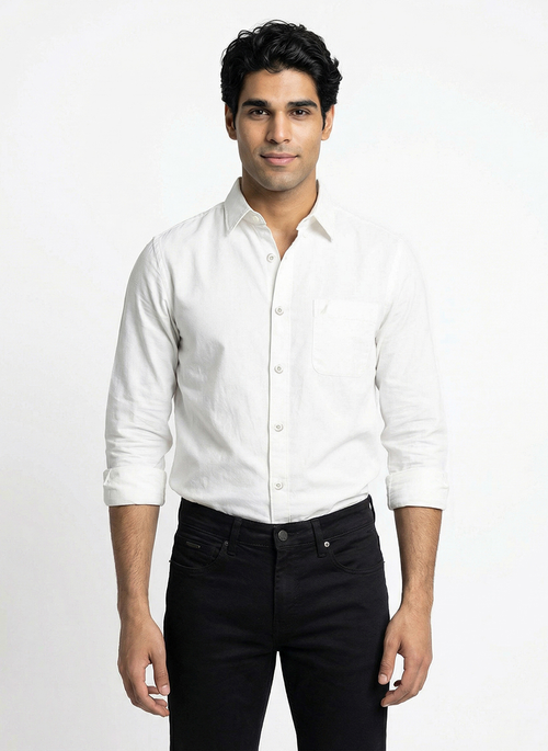 Men's Solid Long Sleeve Oxford Smart Casual  Shirt - White