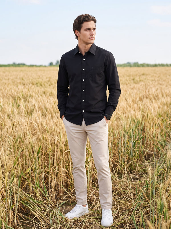 Men's Solid Long Sleeve Oxford Shirt - Black
