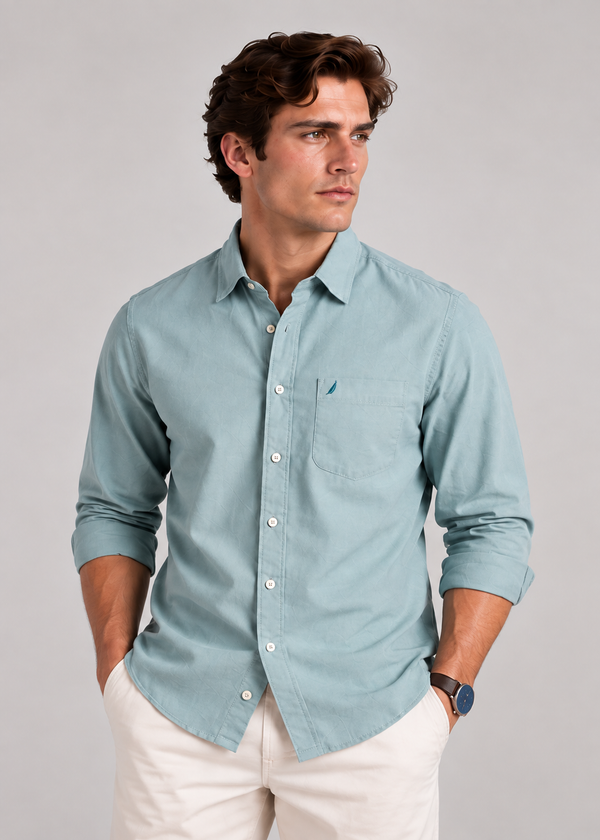 Men's Solid Long Sleeve Oxford Shirt-Light Green