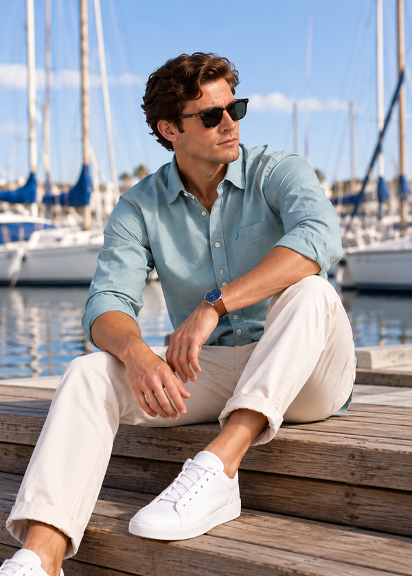 Men's Solid Long Sleeve Oxford Shirt-Light Green