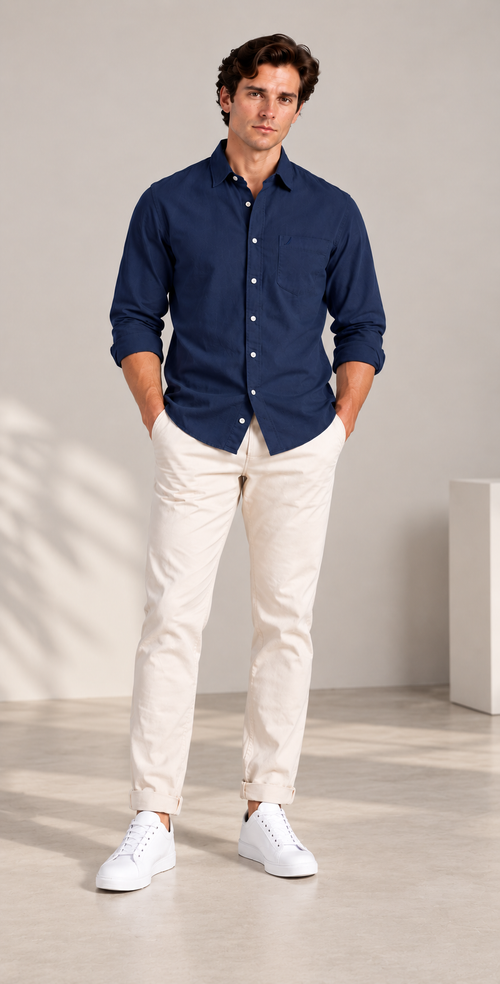 Men's Solid Long Sleeve Oxford Smart Casual Shirt-Navy