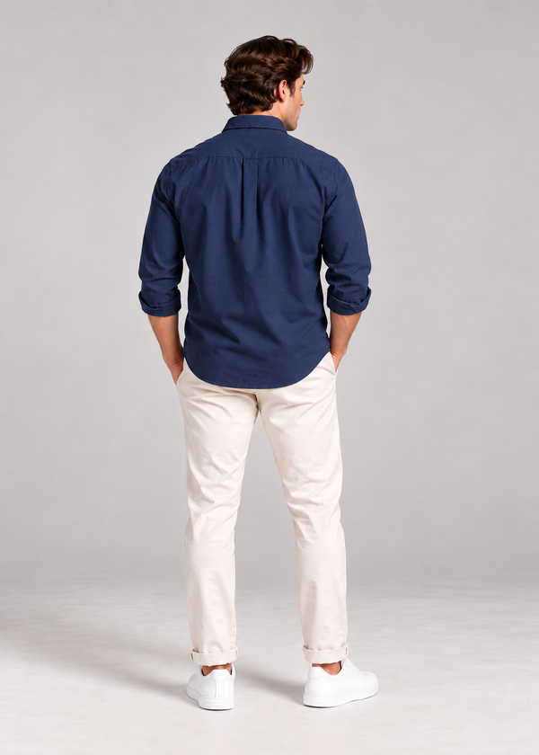 Men's Solid Long Sleeve Oxford Smart Casual Shirt-Navy