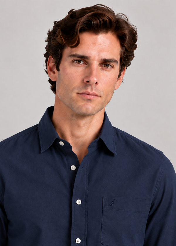 Men's Solid Long Sleeve Oxford Smart Casual Shirt-Navy