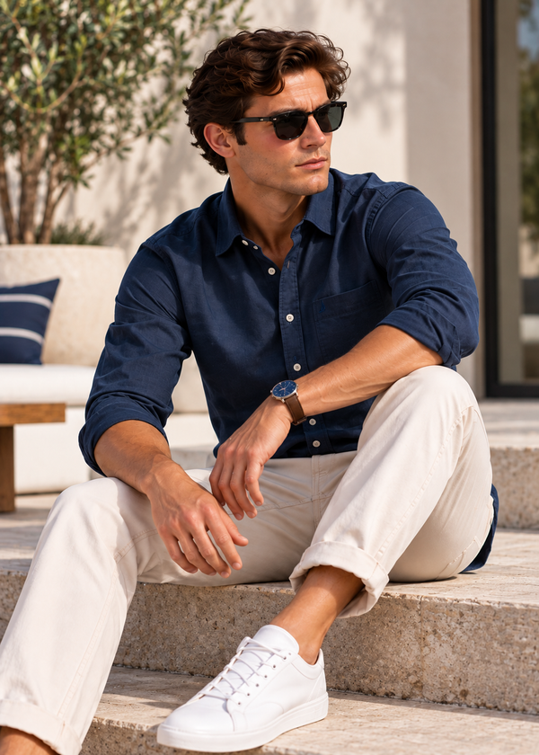 Men's Solid Long Sleeve Oxford Smart Casual Shirt-Navy