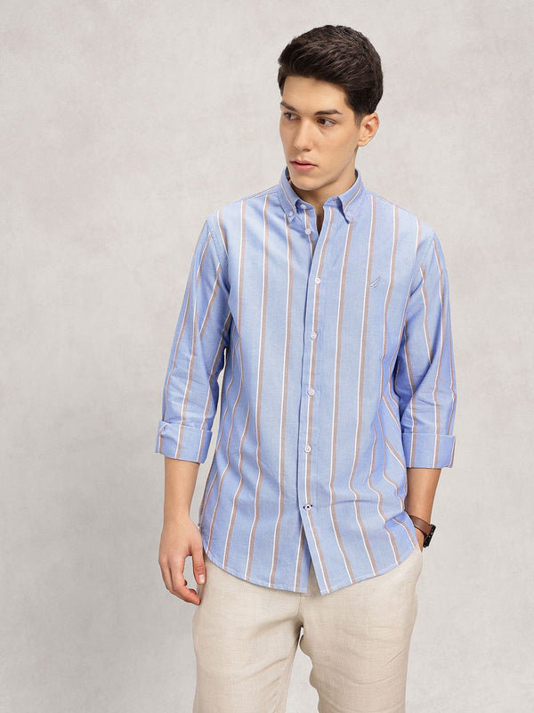 Men's Roll-Up Sleeve Striped Shirt - Light Blue
