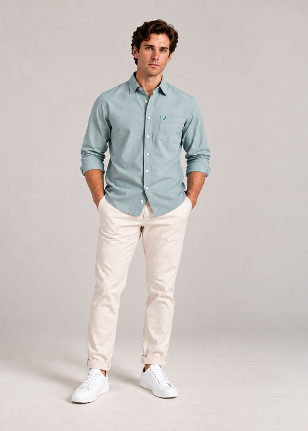 Men's Solid Long Sleeve Oxford Shirt-Light Green