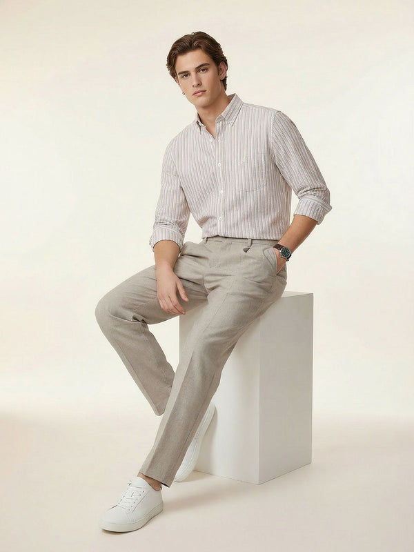 Men's Long Sleeve Striped Shirt - Beige