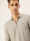Nautica Men New Basics Light Grey Regular Fit Long Sleeve Polo Collar Self Design T-Shirt