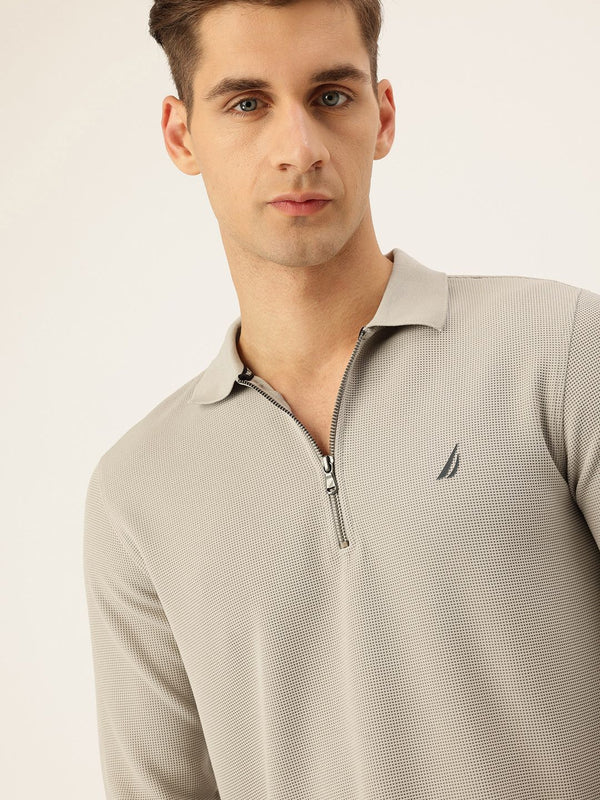 Nautica Men New Basics Light Grey Regular Fit Long Sleeve Polo Collar Self Design T-Shirt