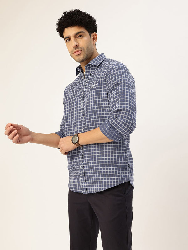 Men's Long Sleeve Windowpane Shirt - Navy