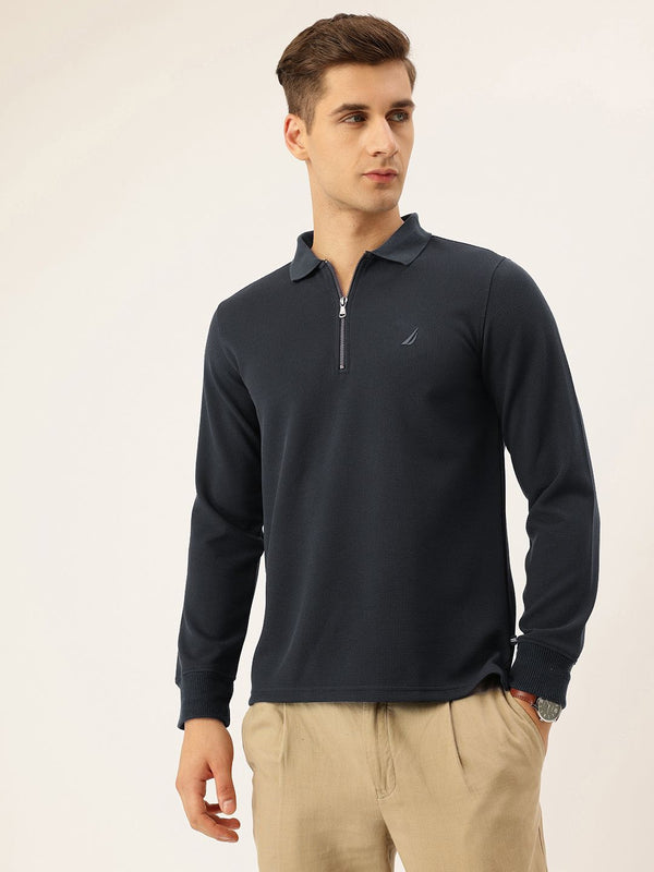 Nautica Men New Basics Navy Blue Regular Fit Long Sleeve Polo T-Shirt