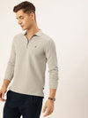 Nautica Men New Basics Light Grey Regular Fit Long Sleeve Polo Collar Self Design T-Shirt