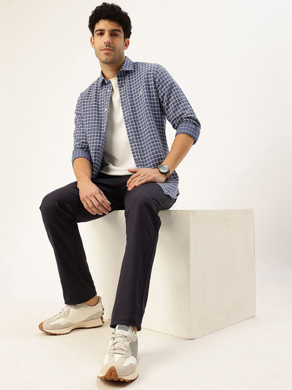 Men's Long Sleeve Windowpane Shirt - Navy