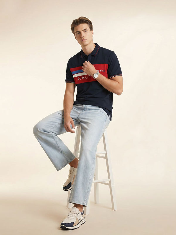 Men's Typography Polo T-Shirt - Navy