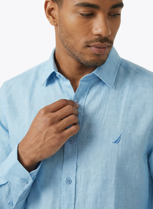 Men's Solid Linen Shirt - Light Blue