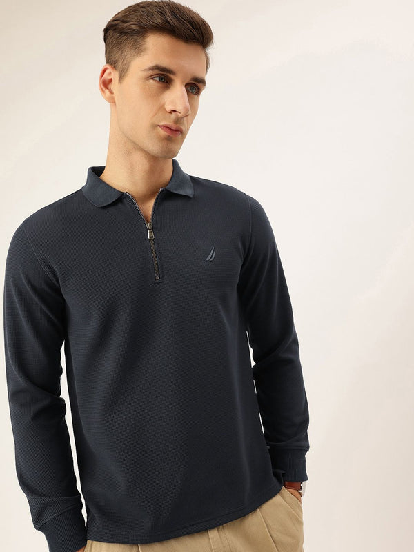 Nautica Men New Basics Navy Blue Regular Fit Long Sleeve Polo T-Shirt