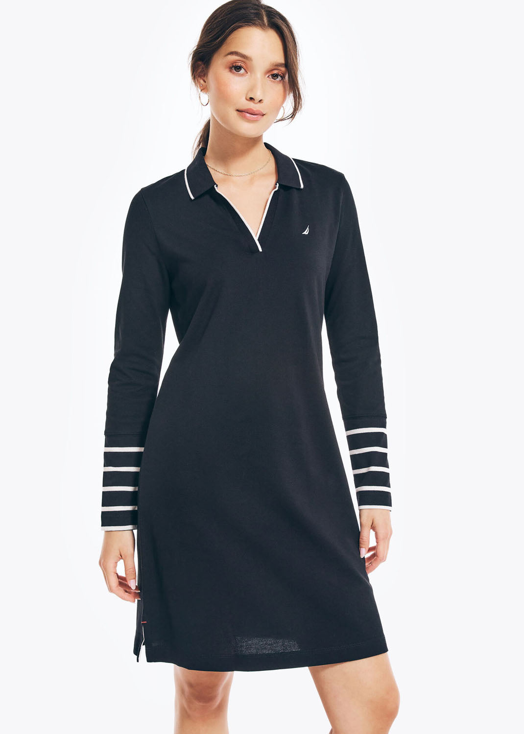 SUSTAINABLY CRAFTED STRIPED LONG-SLEEVE POLO DRESS
