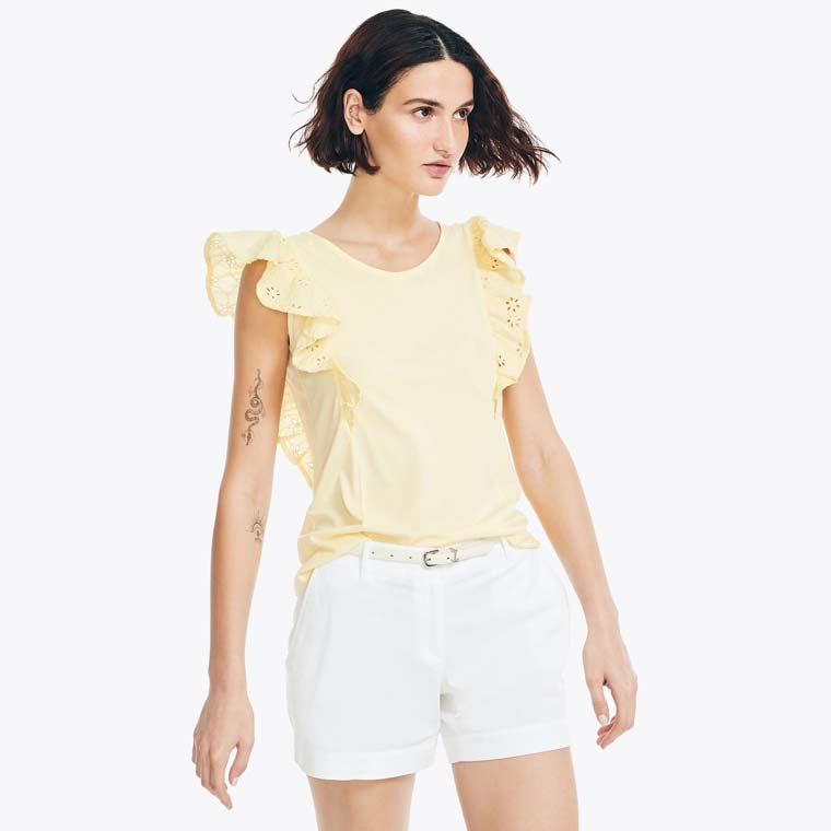 EYELET FLUTTER SHORT SLEEVE KNIT TOP