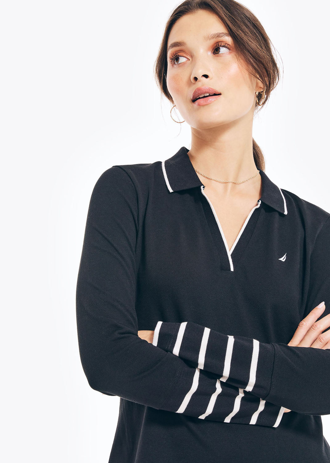 SUSTAINABLY CRAFTED STRIPED LONG-SLEEVE POLO DRESS