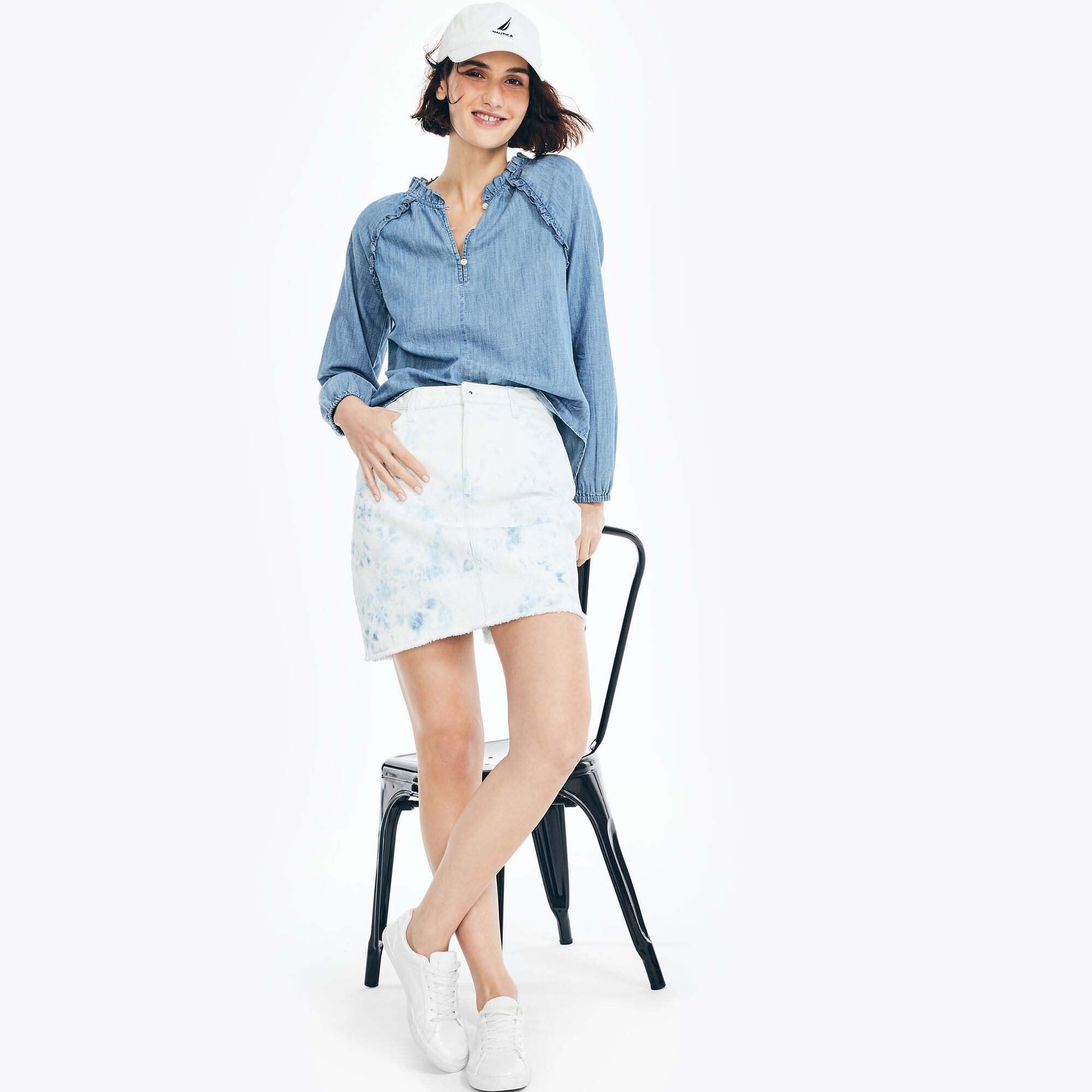 DENIM RUFFLE POPOVER TOP