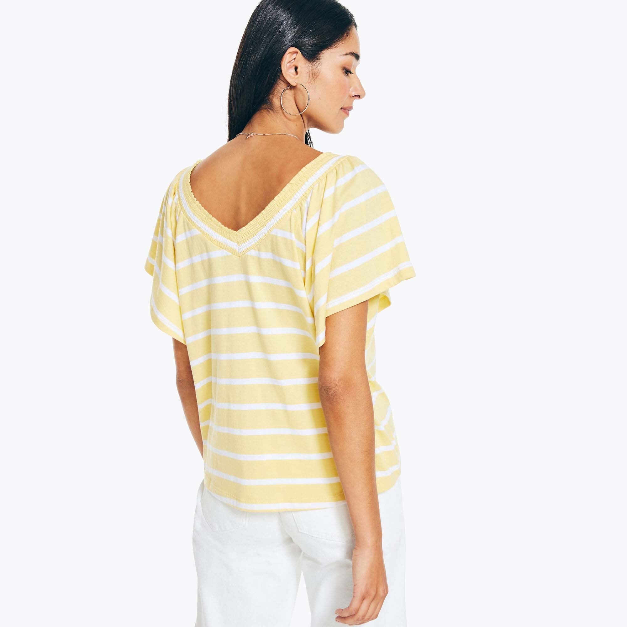 FLUTTER STRIPED SMOCKED TOP
