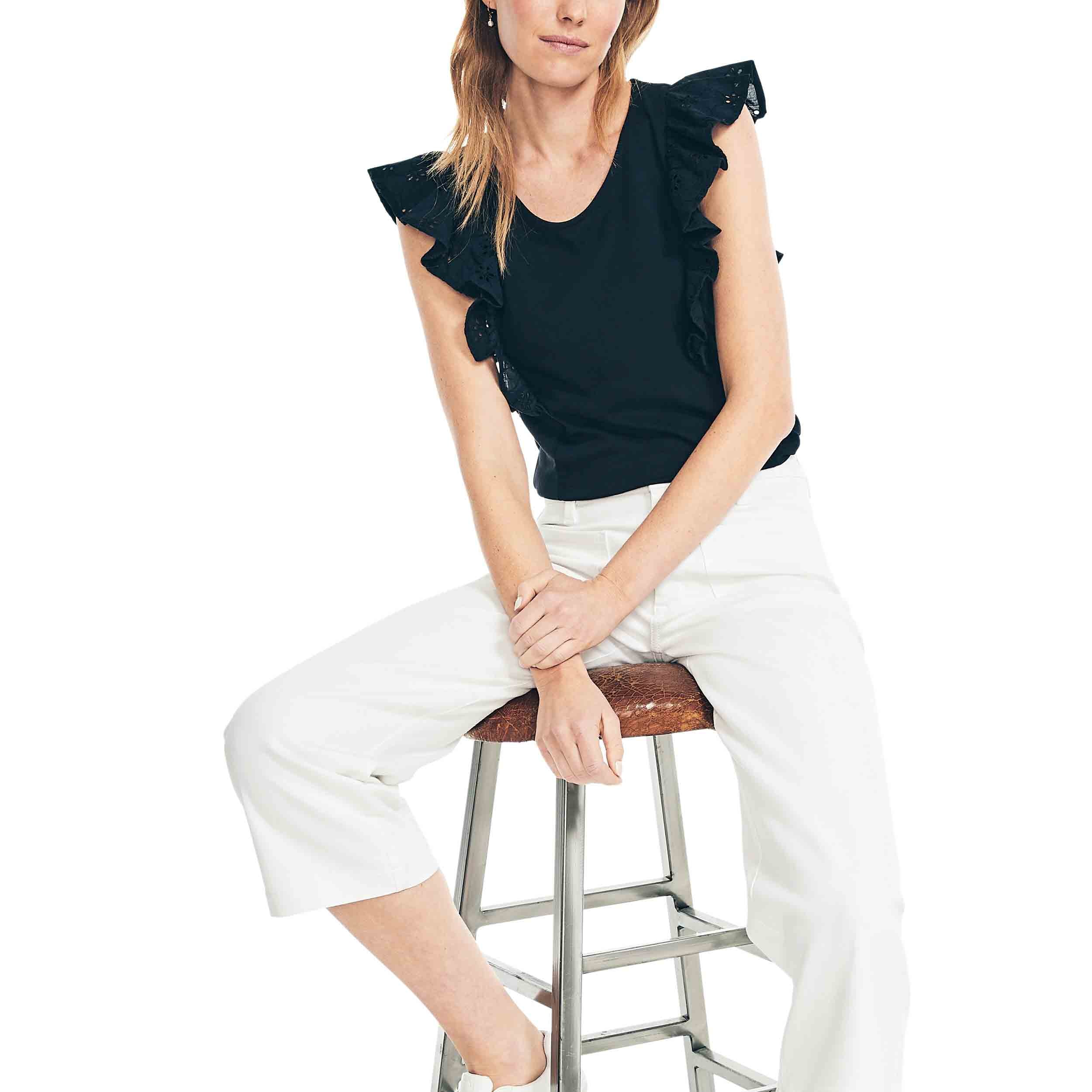 EYELET FLUTTER SHORT SLEEVE KNIT TOP