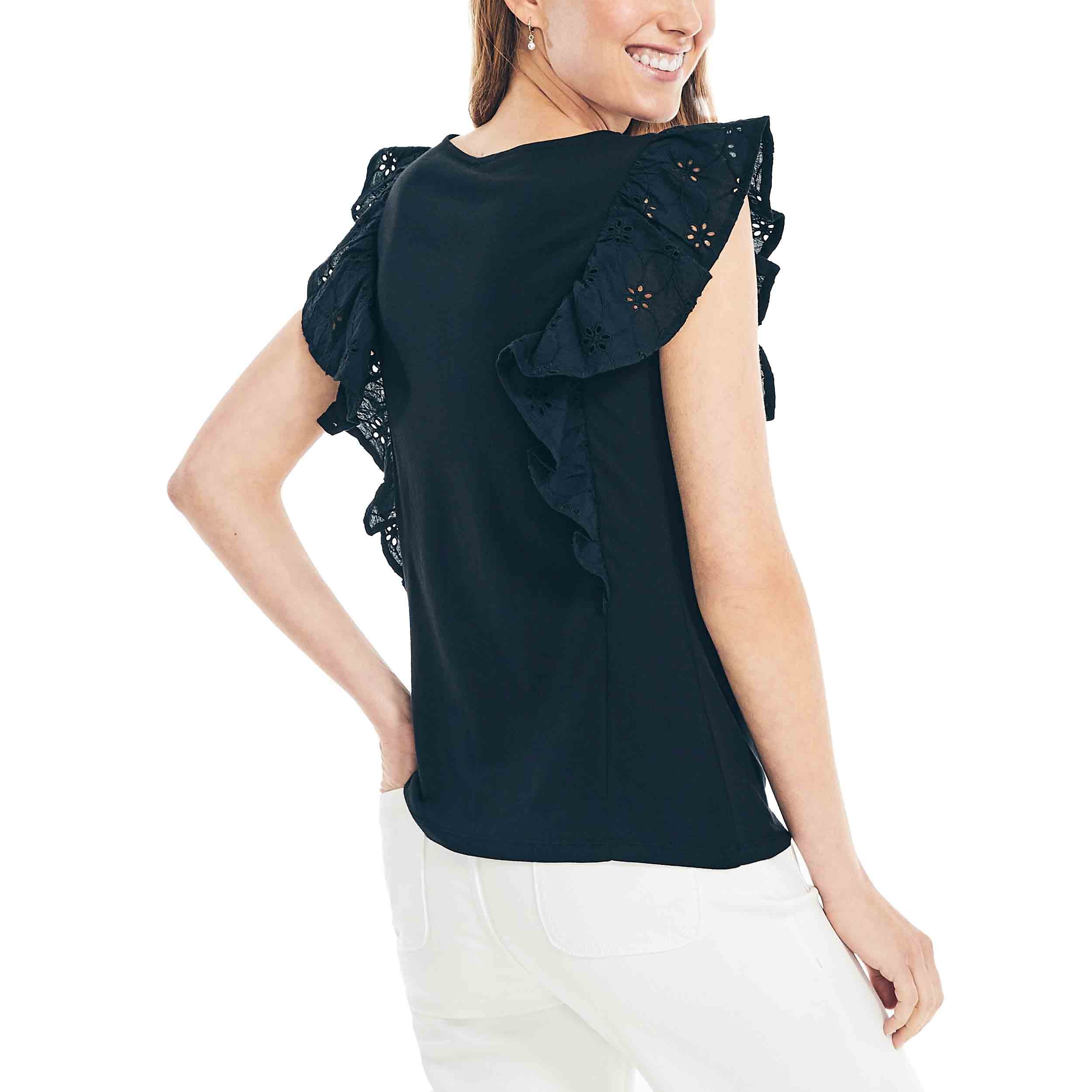 EYELET FLUTTER SHORT SLEEVE KNIT TOP